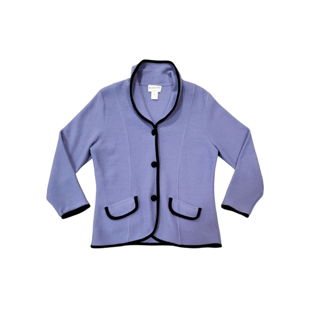 Pendleton 100% Merino Wool Cardigan Sweater Womens M Lavender Black Trim Button